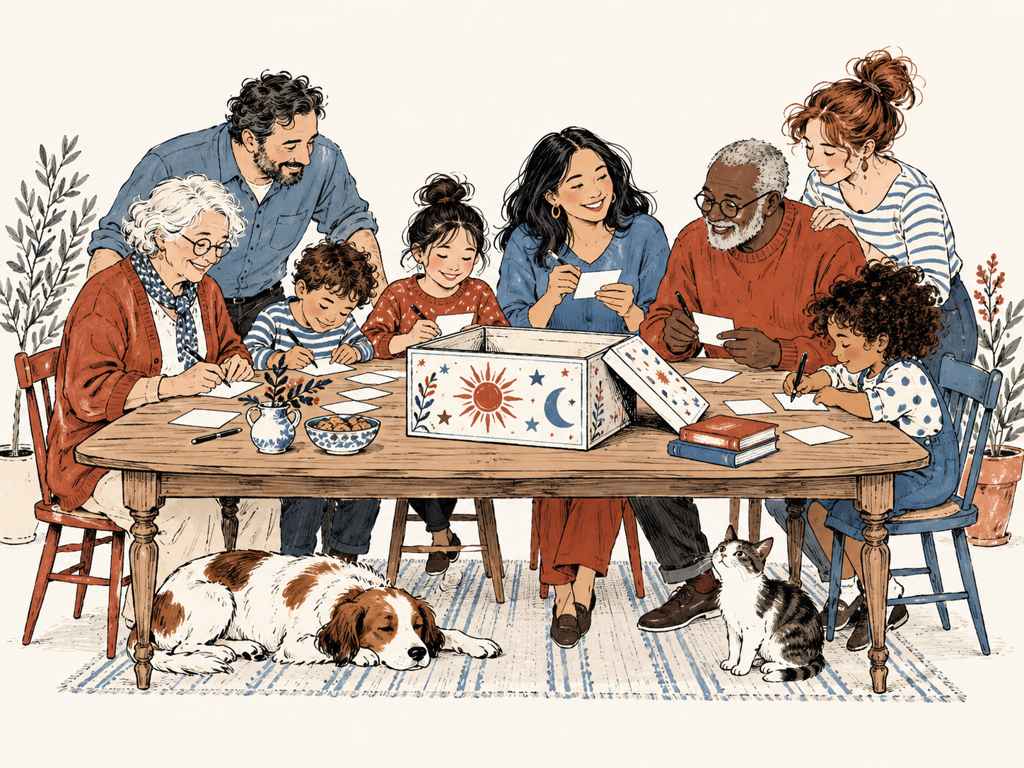 A family writing predictions around a time capsule