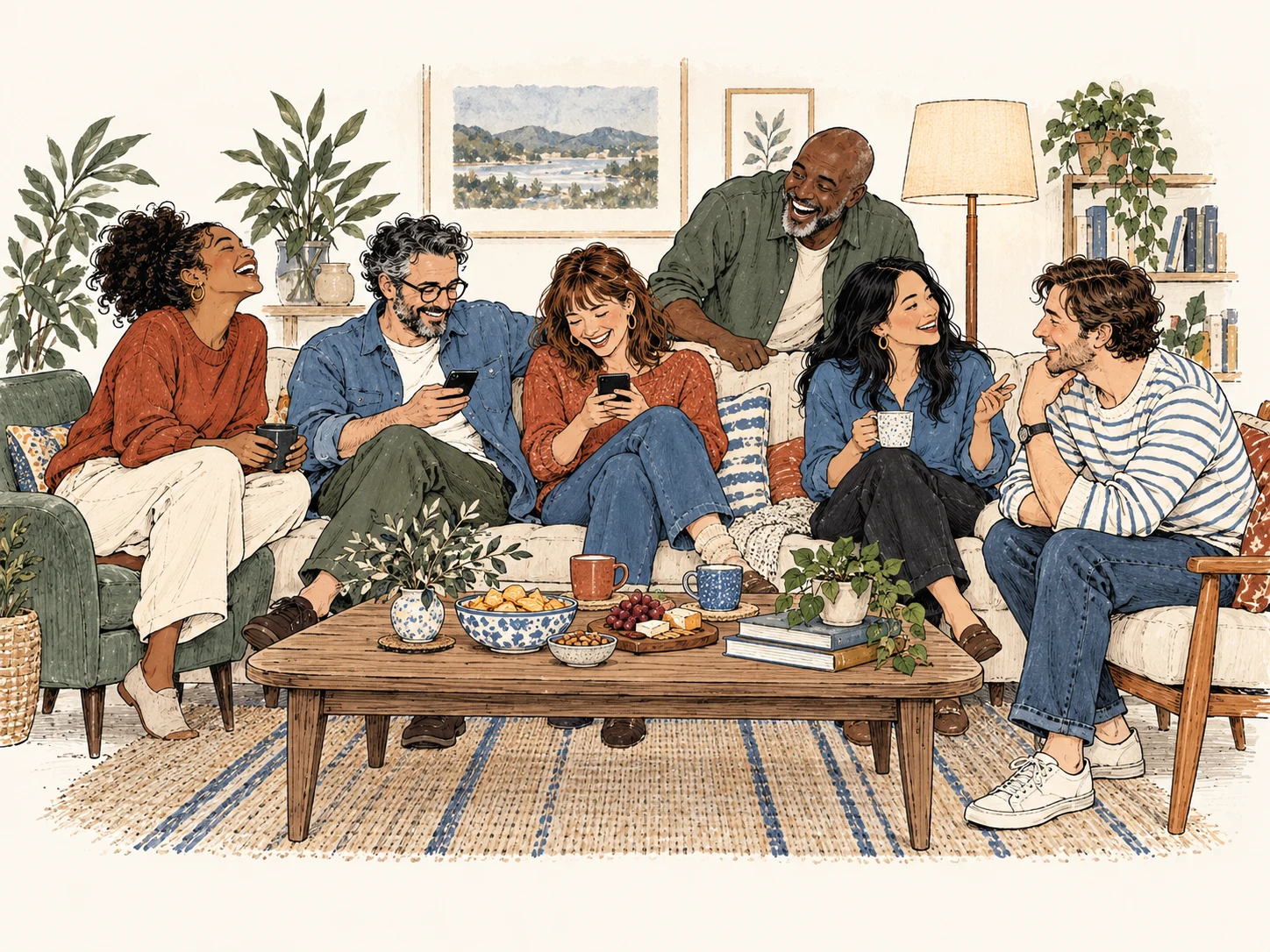 Friends laughing, checking their phones and chatting at a living room gathering